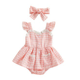 Plaid Lace Ruffle Playsuit + Bow Headband Baby Girl Summer Romper Outfit